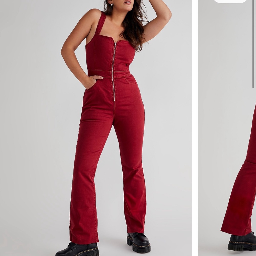 Curvy 2nd Ave One Piece. Red flared jumpsuit. Free people brand.